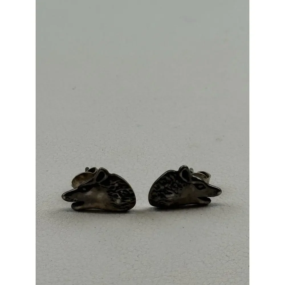 Wolf Head Stud Vintage Sterling Silver Pierced Earrings